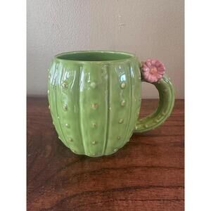 Pier 1 Cactus Shape Textured Coffee/Tea Cup Mug Green Stoneware Ceramic Flower
